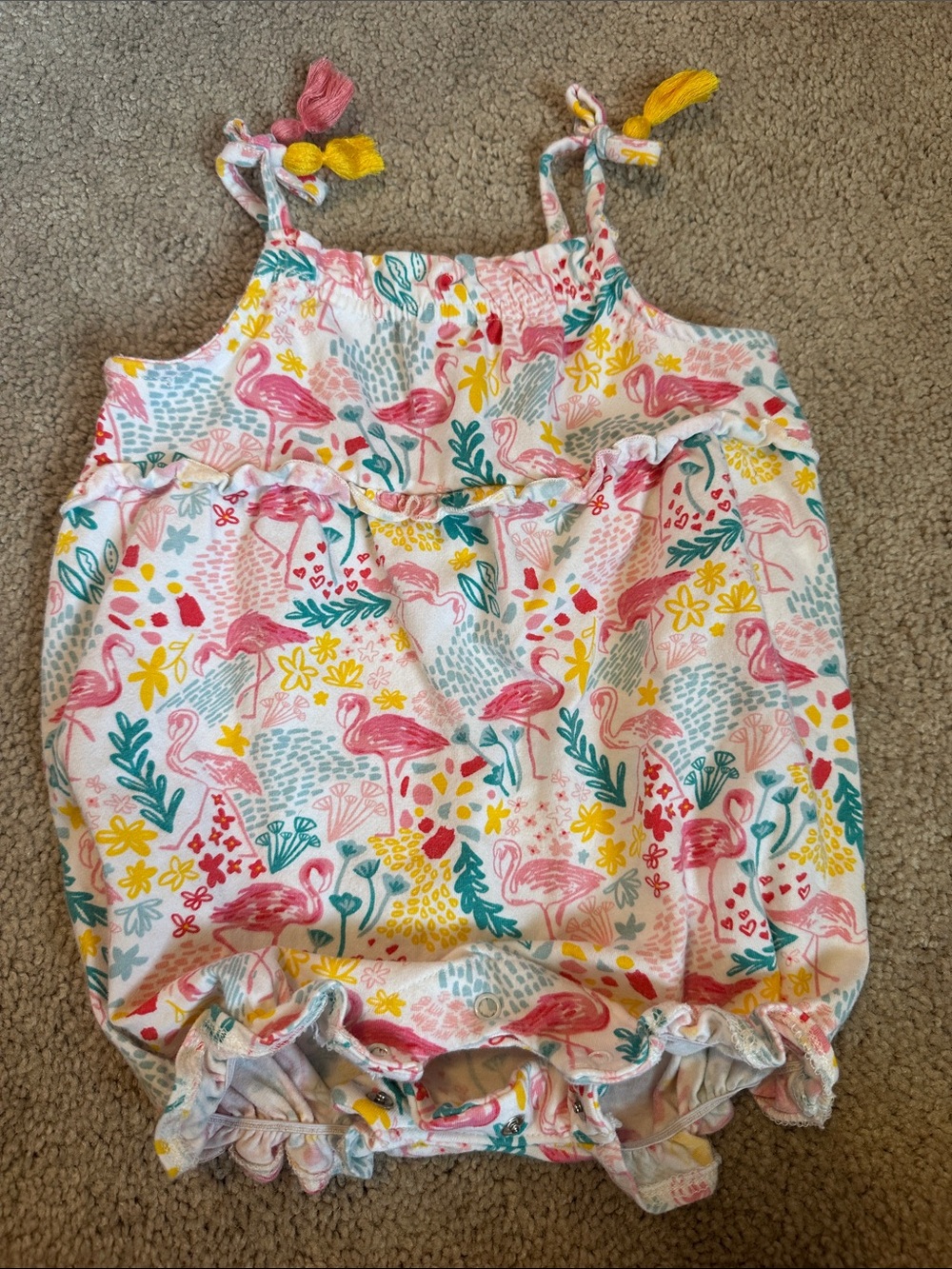 Mud Pie Pink Flamingo Print Baby One-Piece Romper with Yellow & Teal Accents